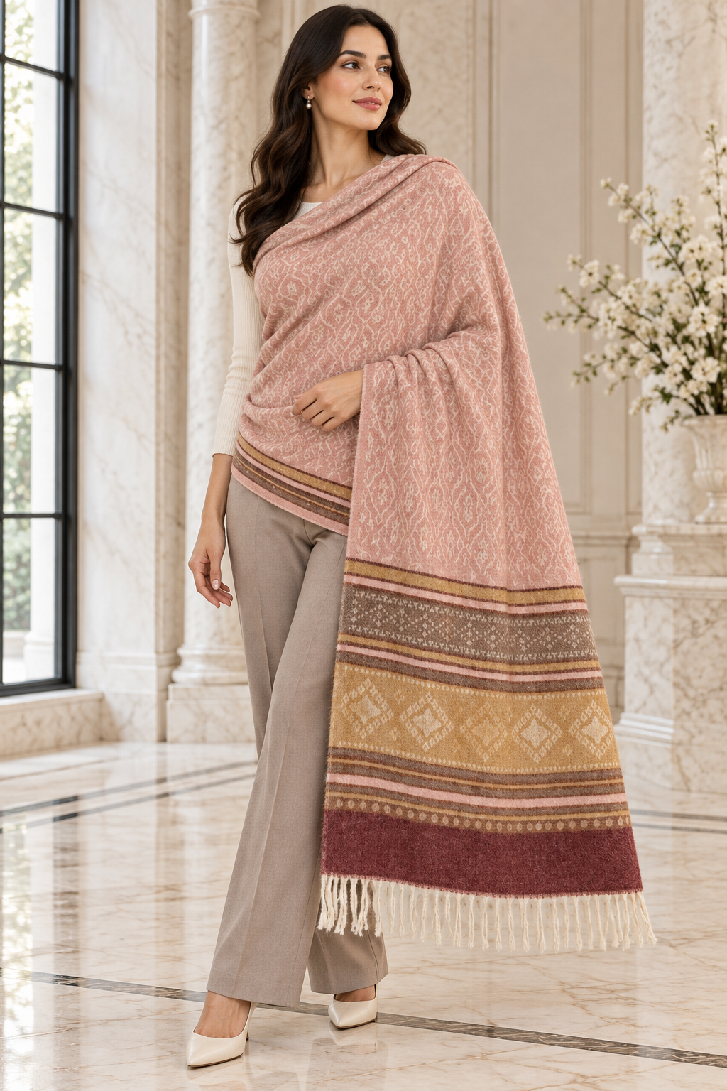 Elegant Woven Shawl with Floral Border and Fringe Finish For Women Soft Textured Feel, Lightweight Comfort , Easy Layering, Versatile Everyday Styling