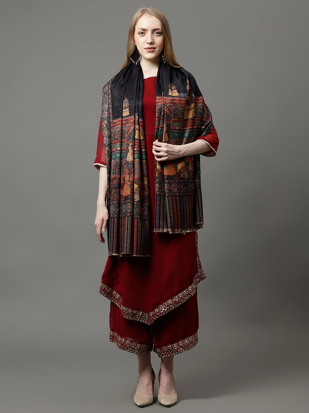 Women's Acro Wool Blend Digital Print Design Woven Shawl