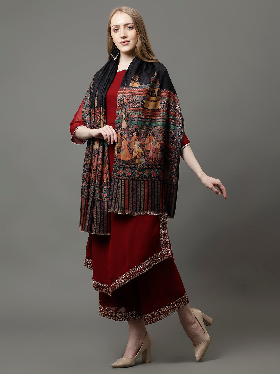 Women's Acro Wool Blend Digital Print Design Woven Shawl