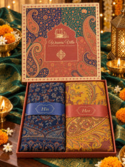 Navy Blue and Mustard Paisley Shawl Gift Box Set For Men & Women