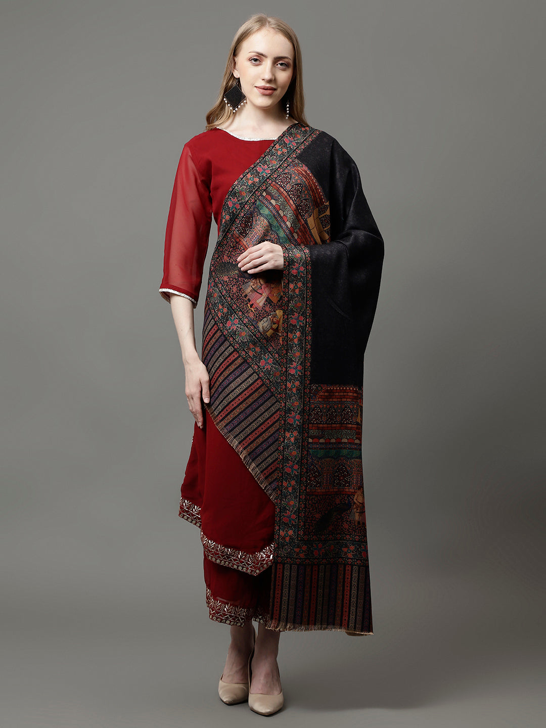 Women's Acro Wool Blend Digital Print Design Woven Shawl