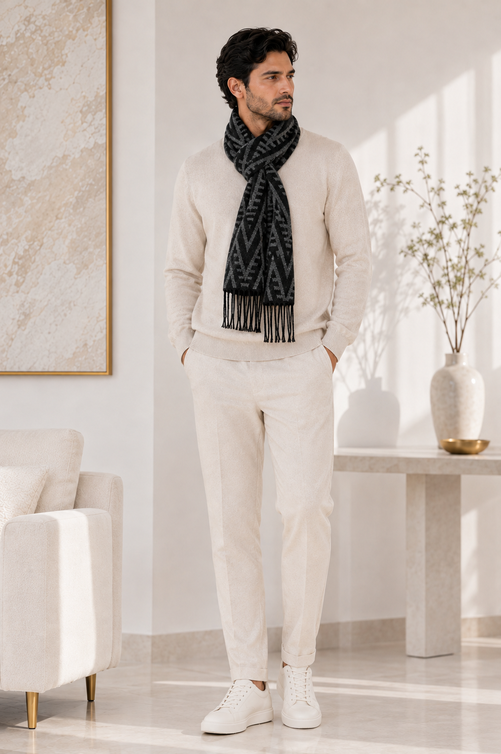 Weavers Villa Premium Geometric Print Men’s Mufflers – Stylish, Warm & Versatile Winter Accessories