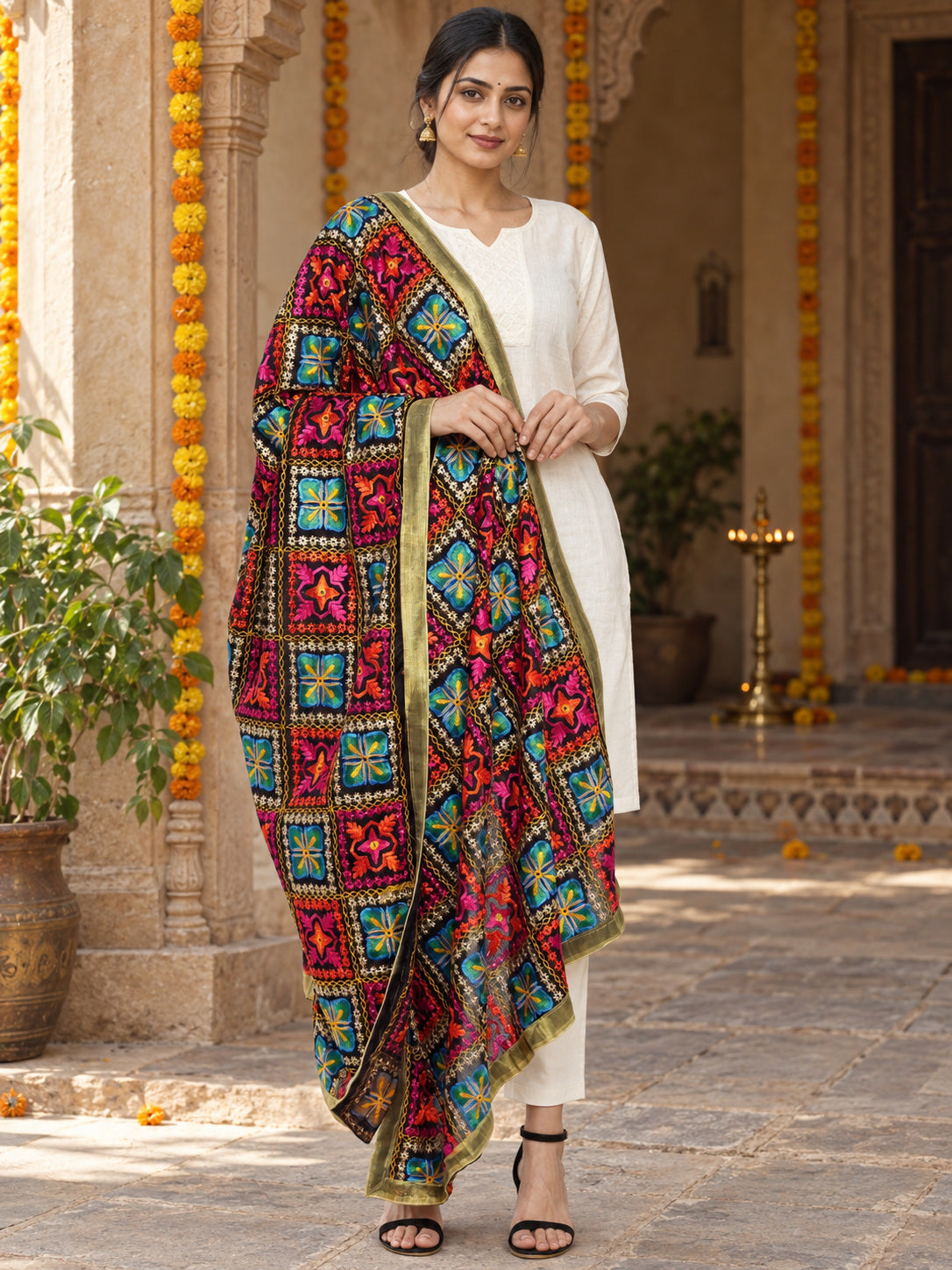 Dp2-Hv-101 — festive Phulkari dupatta, full-length model view