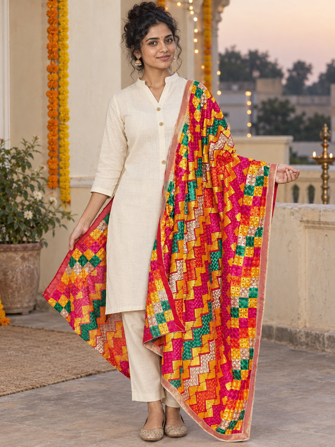 Dp2-Hv-109 — festive Phulkari dupatta, full-length model view