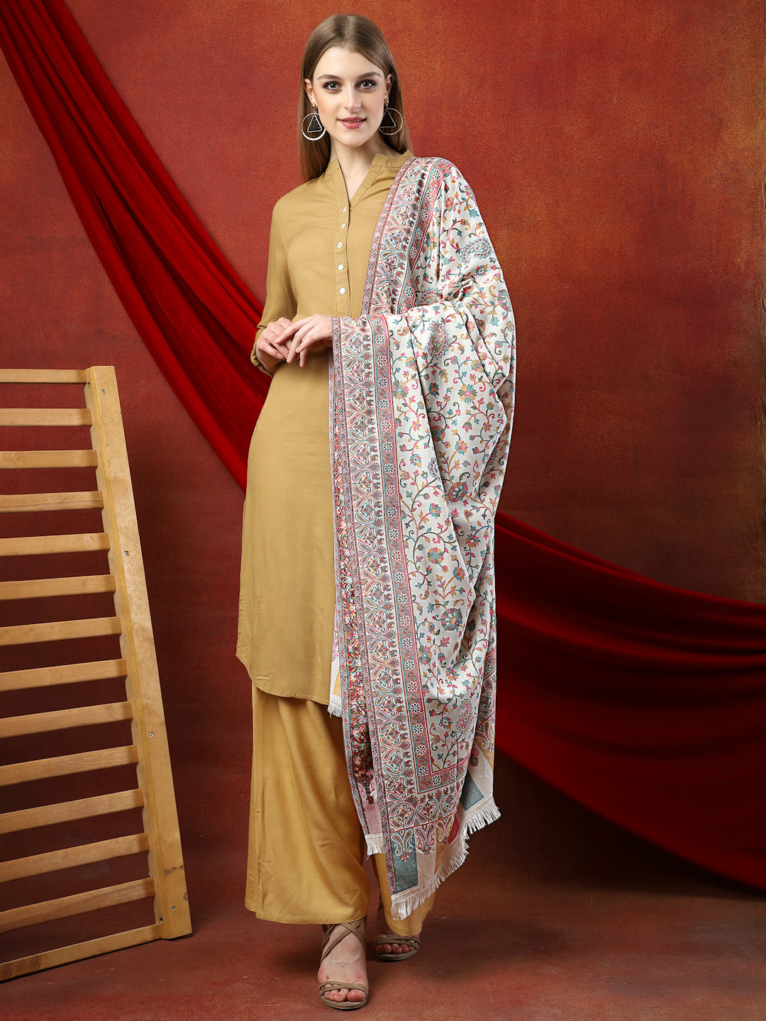 Women White Woven Shawl