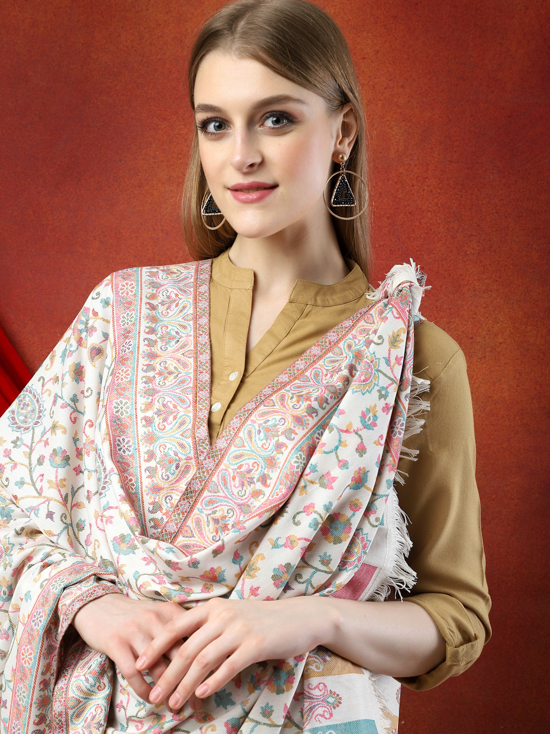 Women White Woven Shawl