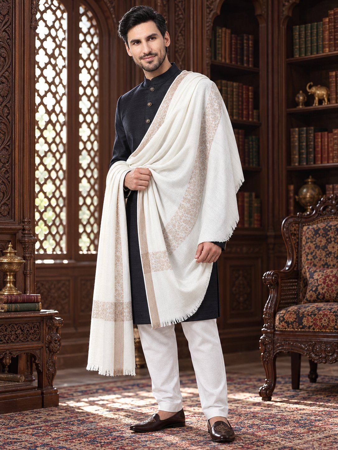 white men’s woven border shawl in a flowing royal drape at a palace