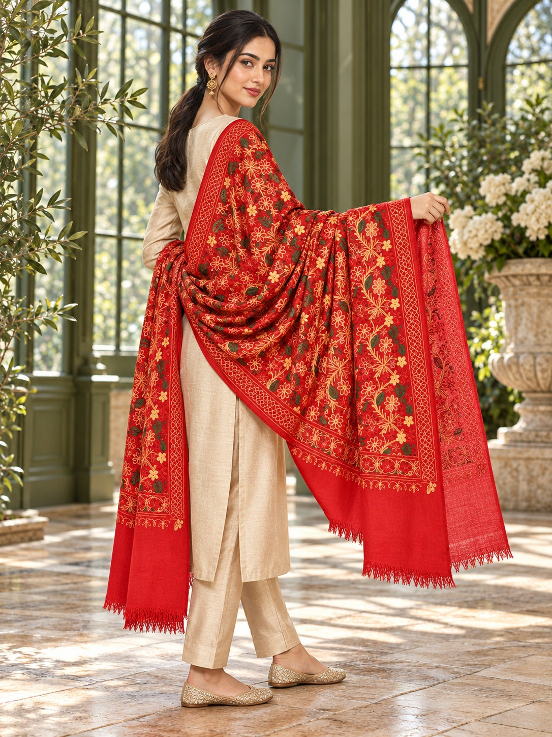 SH-132-RED embroidered shawl in red — premium model, royal draping, luxury editorial view 3