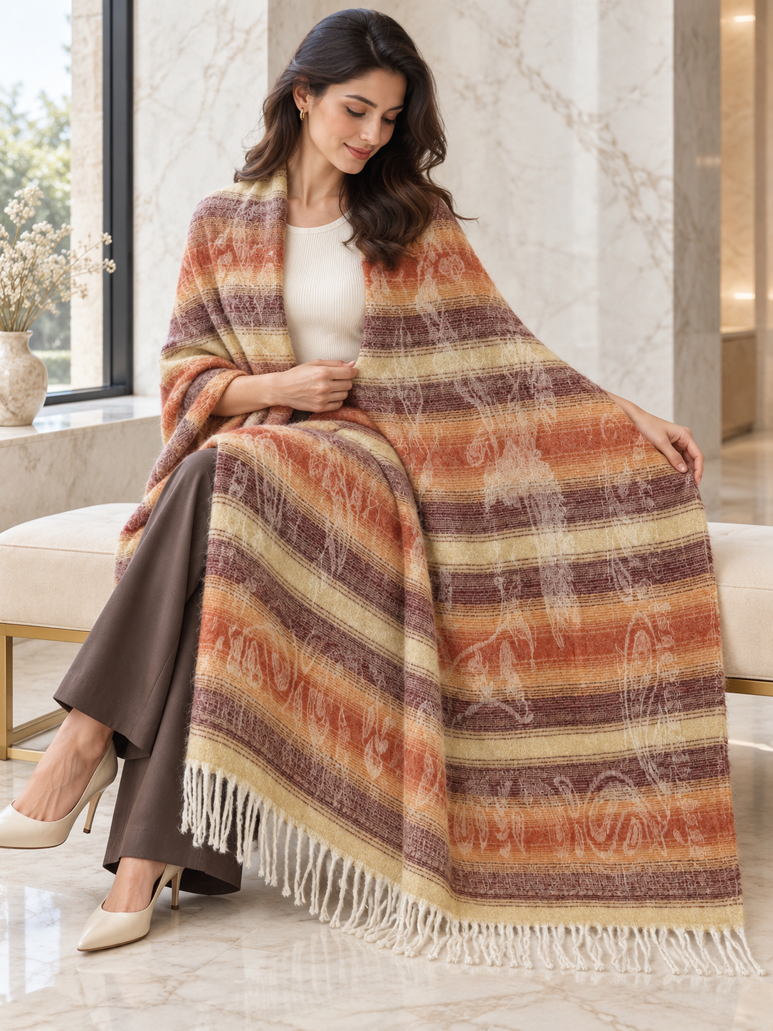 Weavers Villa Abstract Striped Woven Shawl with Fringe Finish For Women Soft Textured Feel, Lightweight Comfort , Easy Layering, Versatile Everyday Styling