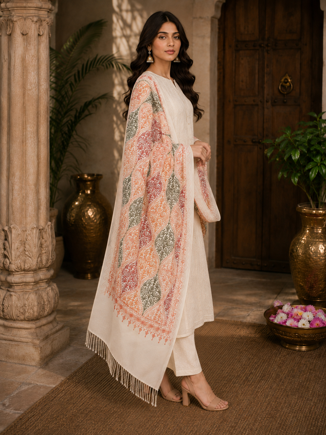 Women's Wool Blend Full Embroidery Matka Shawl