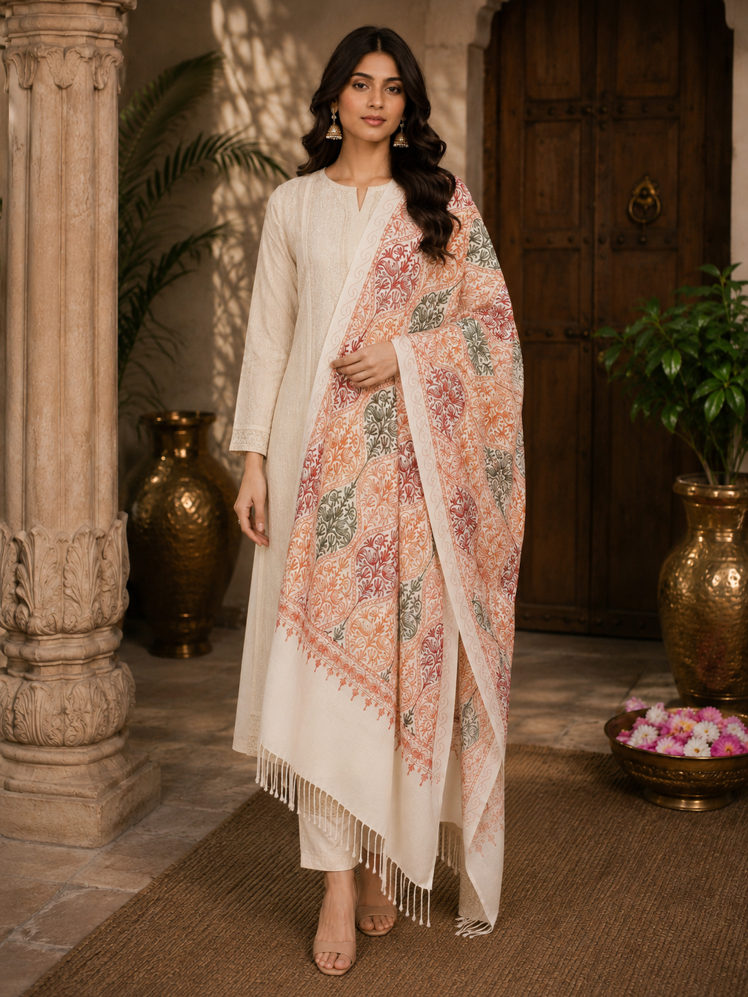 Women's Wool Blend Full Embroidery Matka Shawl
