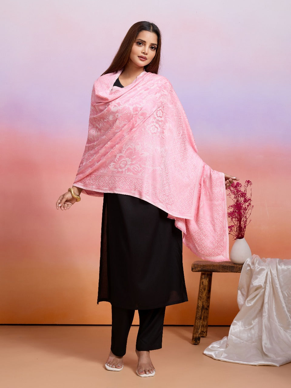 Weavers Villa Women's Heritage Viscose Stole – Soft Lightweight Floral Jaal Design Stole Shawl Wrap Dupatta Scarf for All Seasons, Sun Protection for girls, 70cm x 200cm