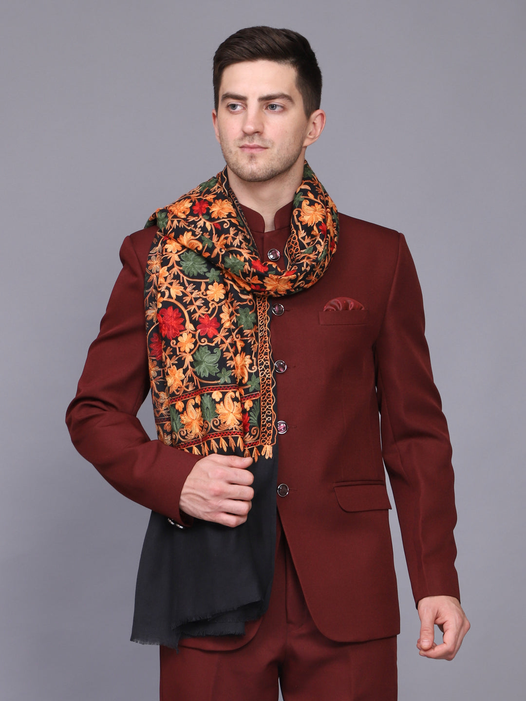 Men's Floral Embroided Cashmilon Shawl