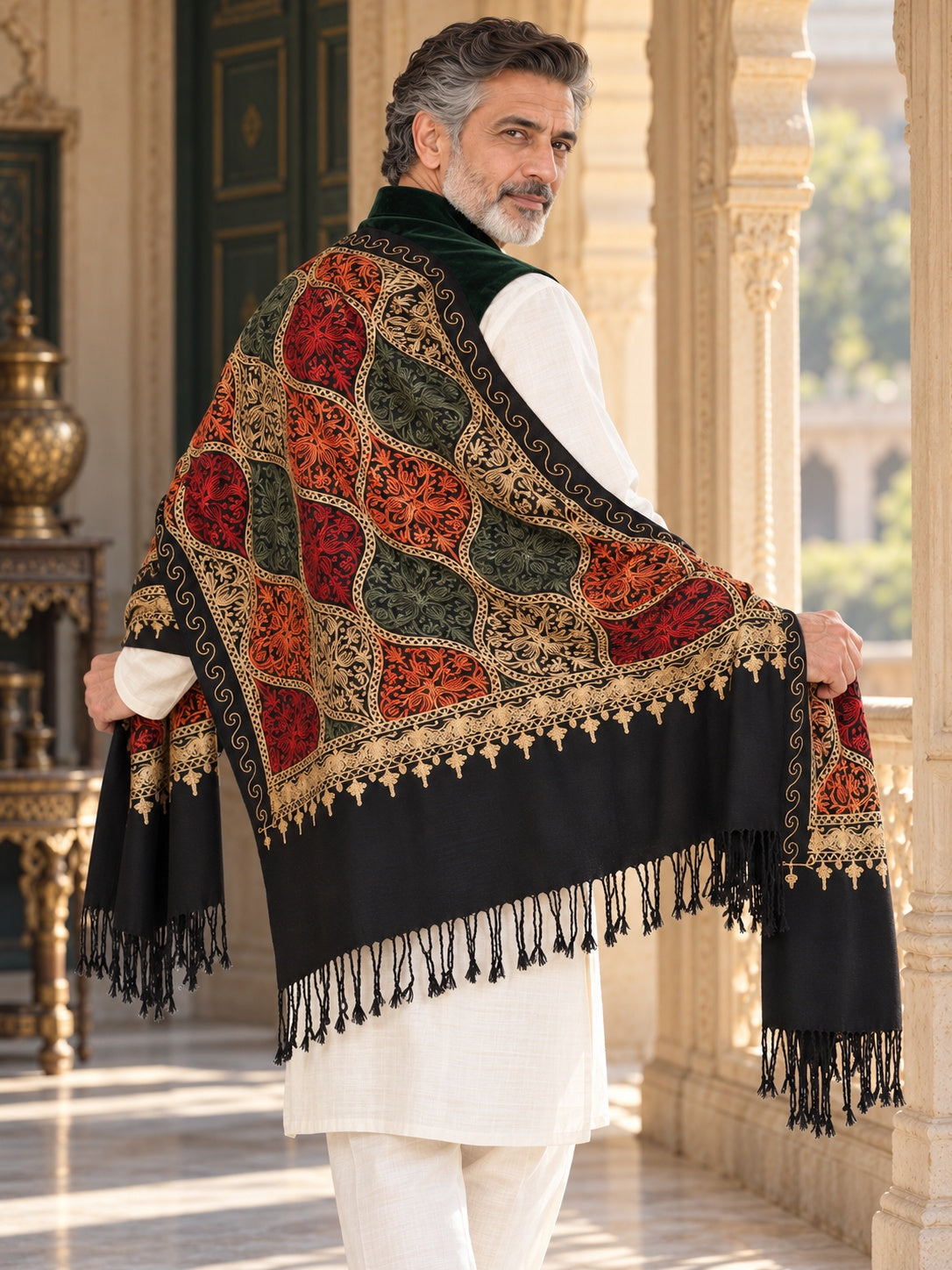 Weavers Villa MS-124-BLACK men's shawl styled on a premium model in a royal setting, view 3.