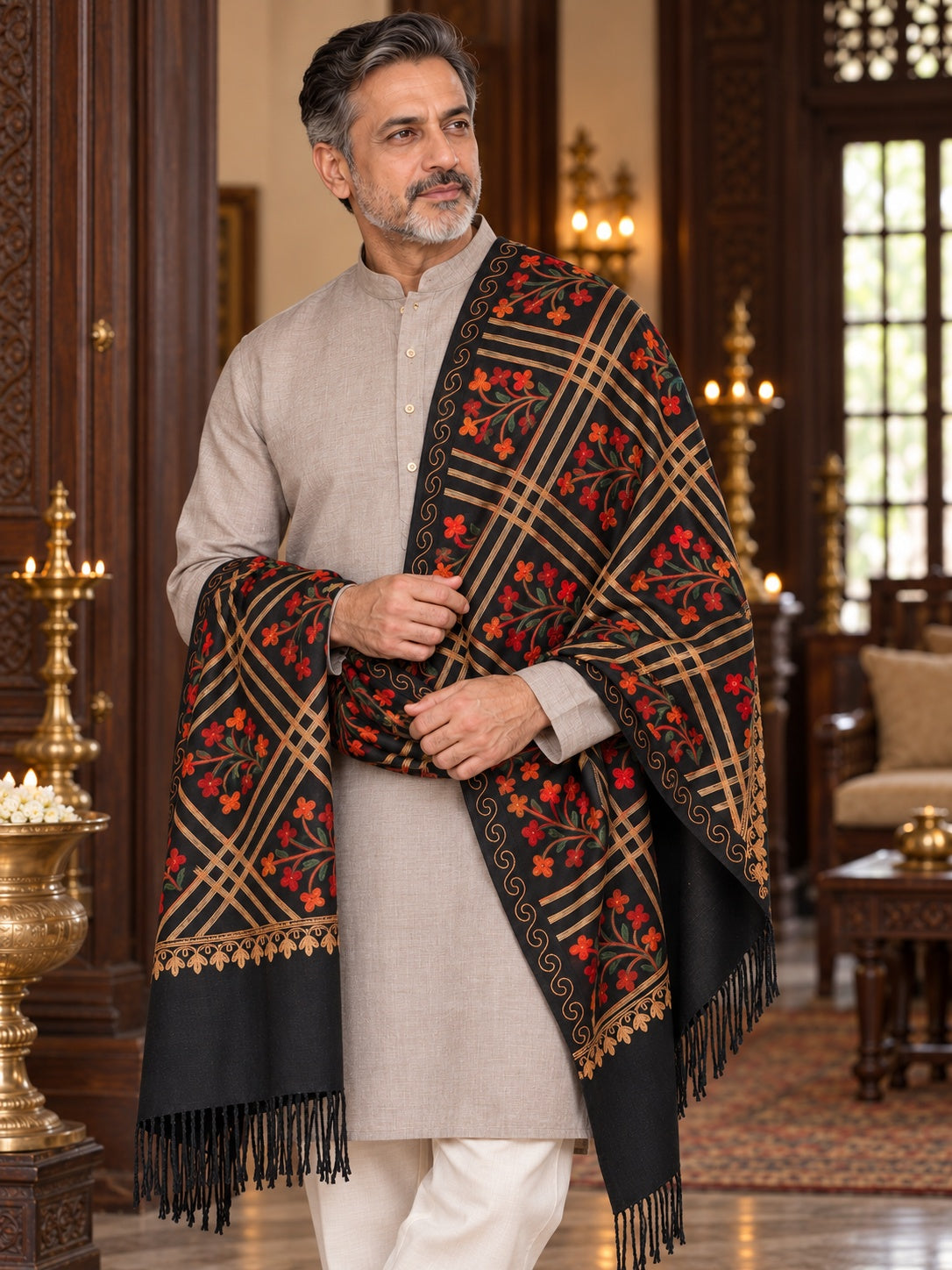Weavers Villa MS-125-BLACK men's shawl styled on a premium model in a royal setting, view 4.