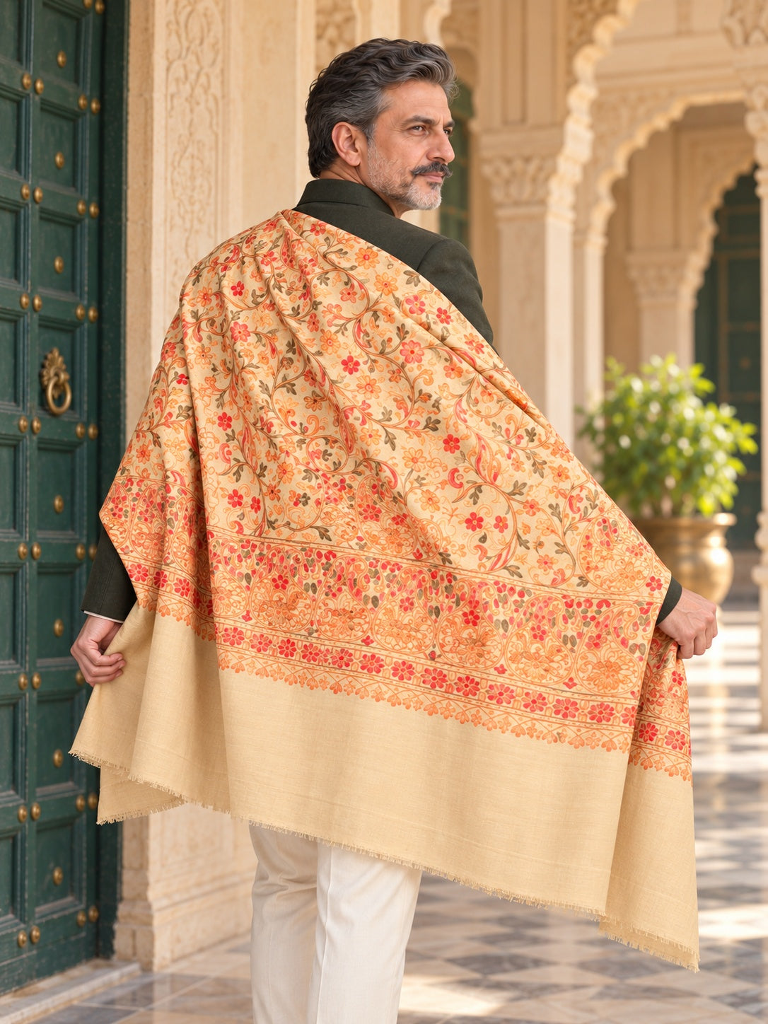 Weavers Villa MS-133-BEIGE men's shawl styled on a premium model in a royal setting, view 3.