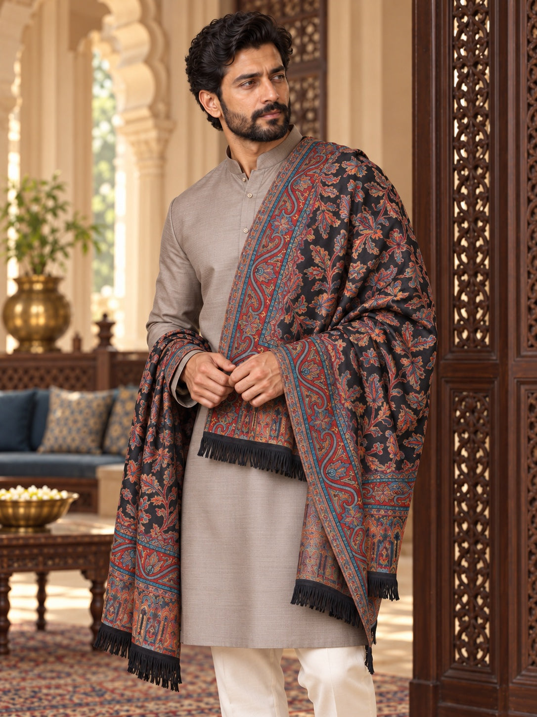 Weavers Villa MS-401-BLACK men's shawl styled on a premium model in a royal setting, view 5.