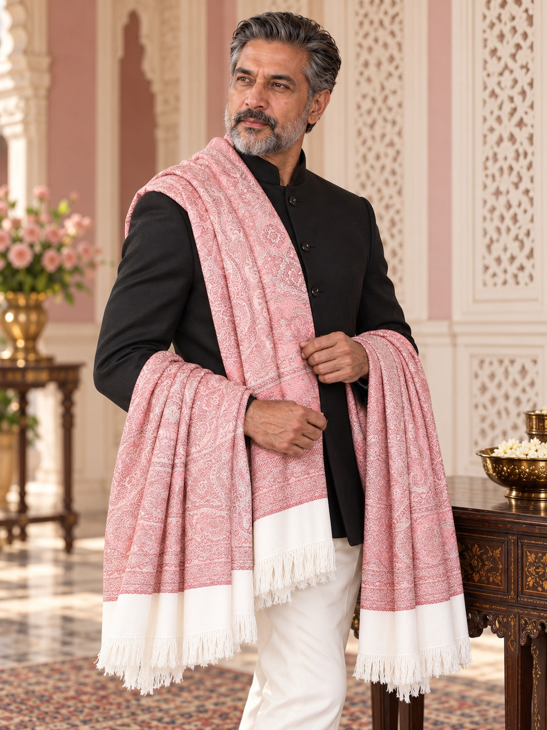 Weavers Villa MS-403-WHITE men's shawl styled on a premium model in a royal setting, view 5.