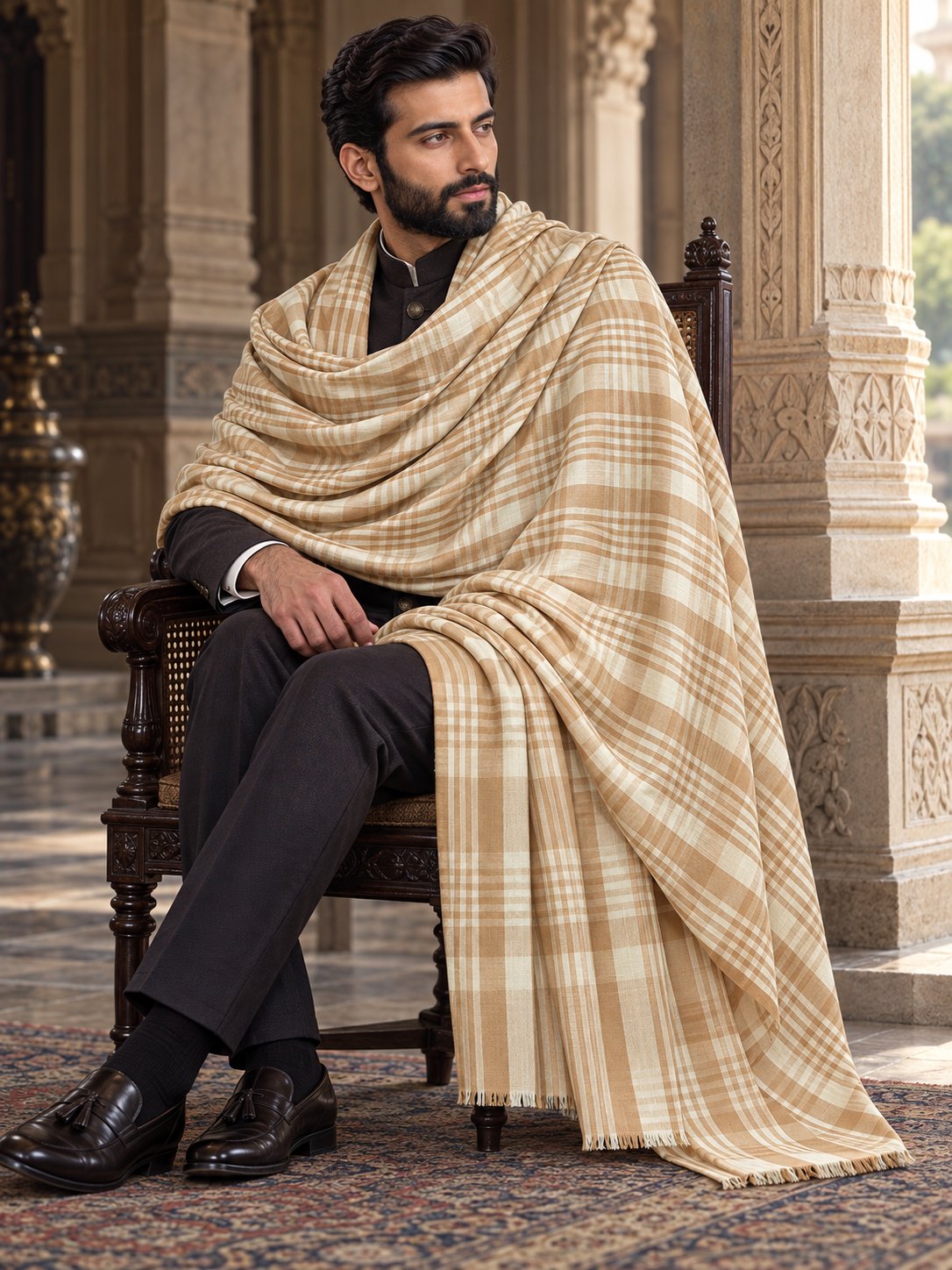 white checked men’s shawl with a royal model and flowing drape in a heritage palace
