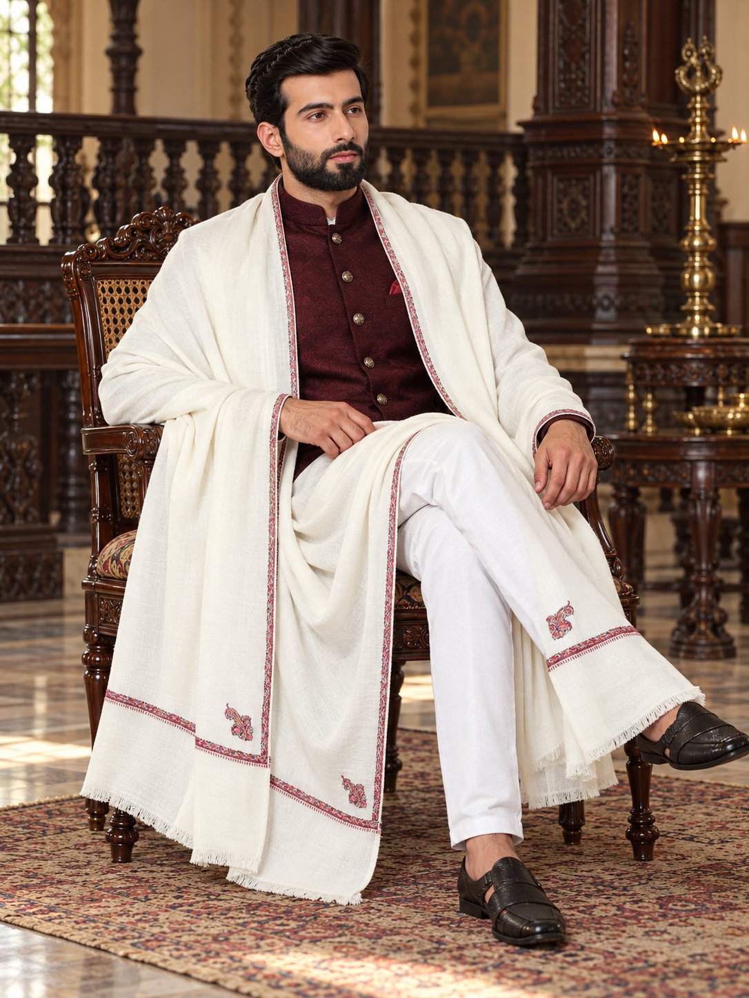 The Hand Embroidered Shawl, ivory white shawl with flowing drape on a model in a royal heritage setting
