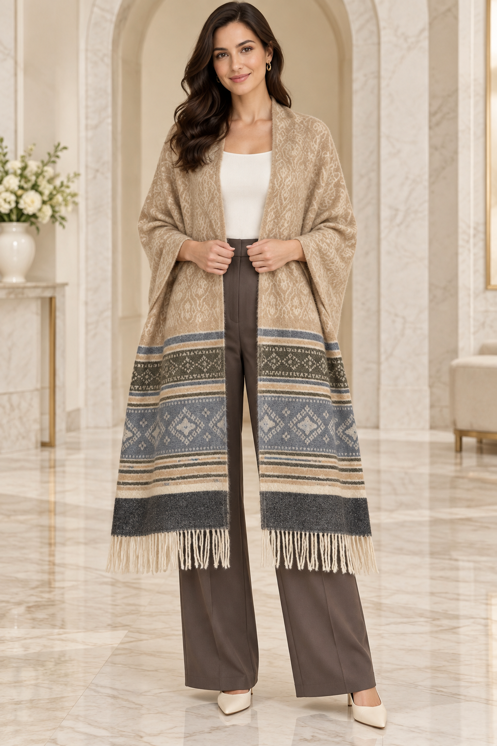 Elegant Woven Shawl with Floral Border and Fringe Finish For Women Soft Textured Feel, Lightweight Comfort , Easy Layering, Versatile Everyday Styling