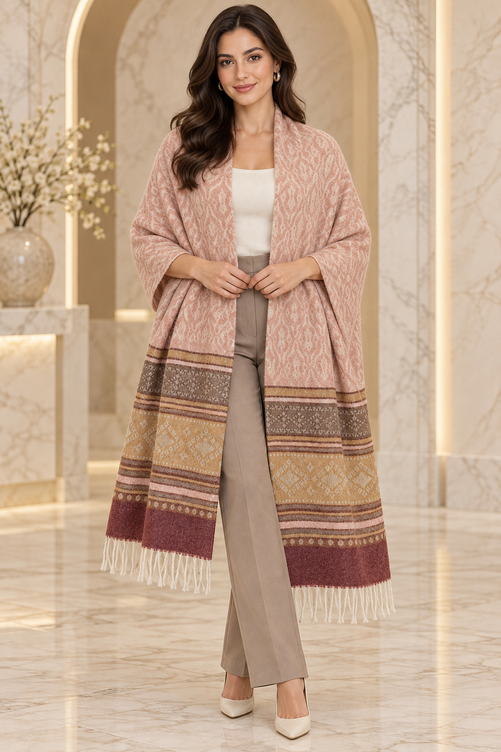 Elegant Woven Shawl with Floral Border and Fringe Finish For Women Soft Textured Feel, Lightweight Comfort , Easy Layering, Versatile Everyday Styling