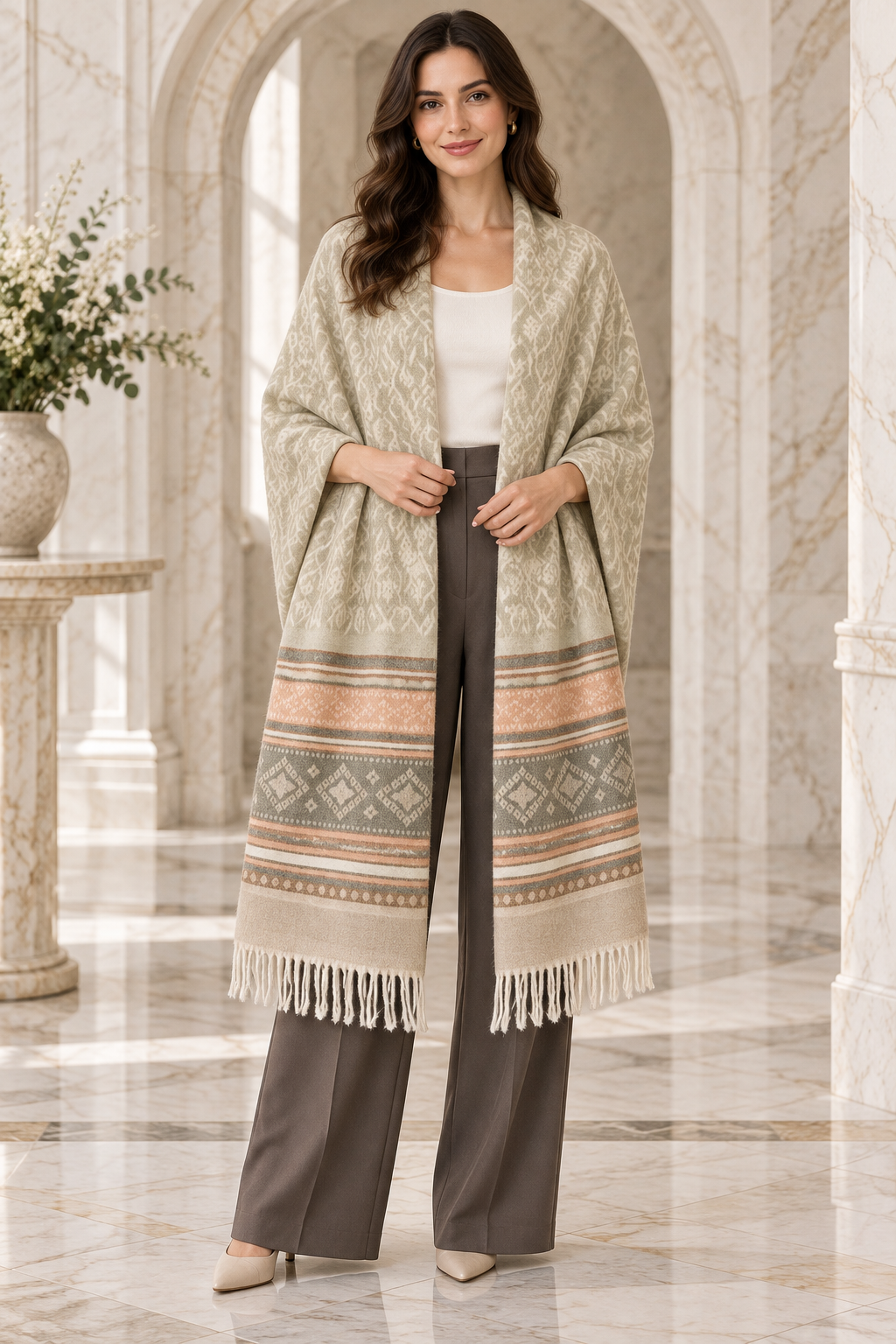 Elegant Woven Shawl with Floral Border and Fringe Finish For Women Soft Textured Feel, Lightweight Comfort , Easy Layering, Versatile Everyday Styling