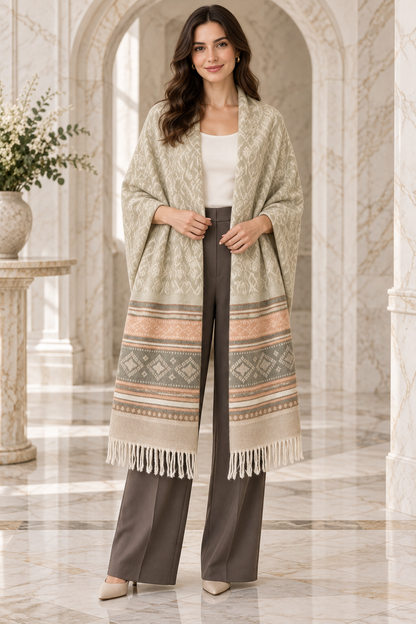 Elegant Woven Shawl with Floral Border and Fringe Finish For Women Soft Textured Feel, Lightweight Comfort , Easy Layering, Versatile Everyday Styling