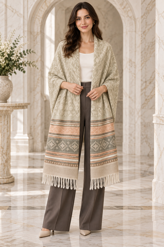 Elegant Woven Shawl with Floral Border and Fringe Finish For Women Soft Textured Feel, Lightweight Comfort , Easy Layering, Versatile Everyday Styling