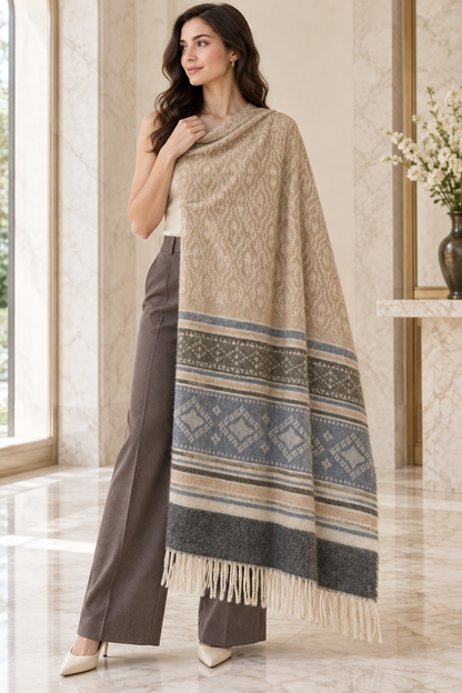 Elegant Woven Shawl with Floral Border and Fringe Finish For Women Soft Textured Feel, Lightweight Comfort , Easy Layering, Versatile Everyday Styling