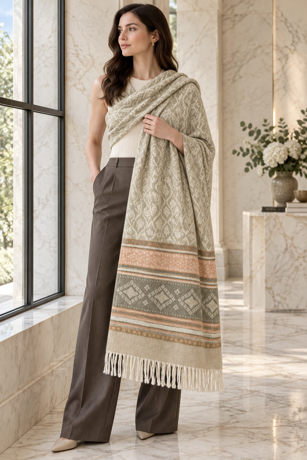 Elegant Woven Shawl with Floral Border and Fringe Finish For Women Soft Textured Feel, Lightweight Comfort , Easy Layering, Versatile Everyday Styling