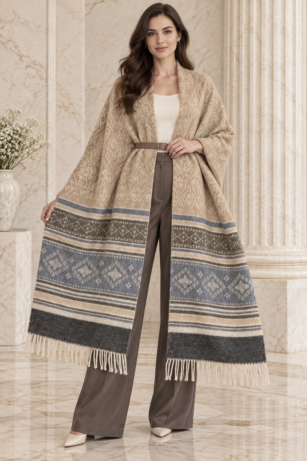 Elegant Woven Shawl with Floral Border and Fringe Finish For Women Soft Textured Feel, Lightweight Comfort , Easy Layering, Versatile Everyday Styling