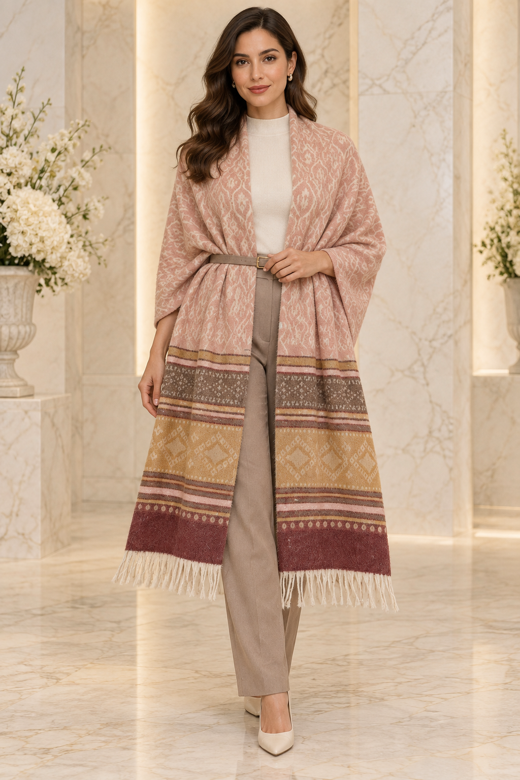 Elegant Woven Shawl with Floral Border and Fringe Finish For Women Soft Textured Feel, Lightweight Comfort , Easy Layering, Versatile Everyday Styling