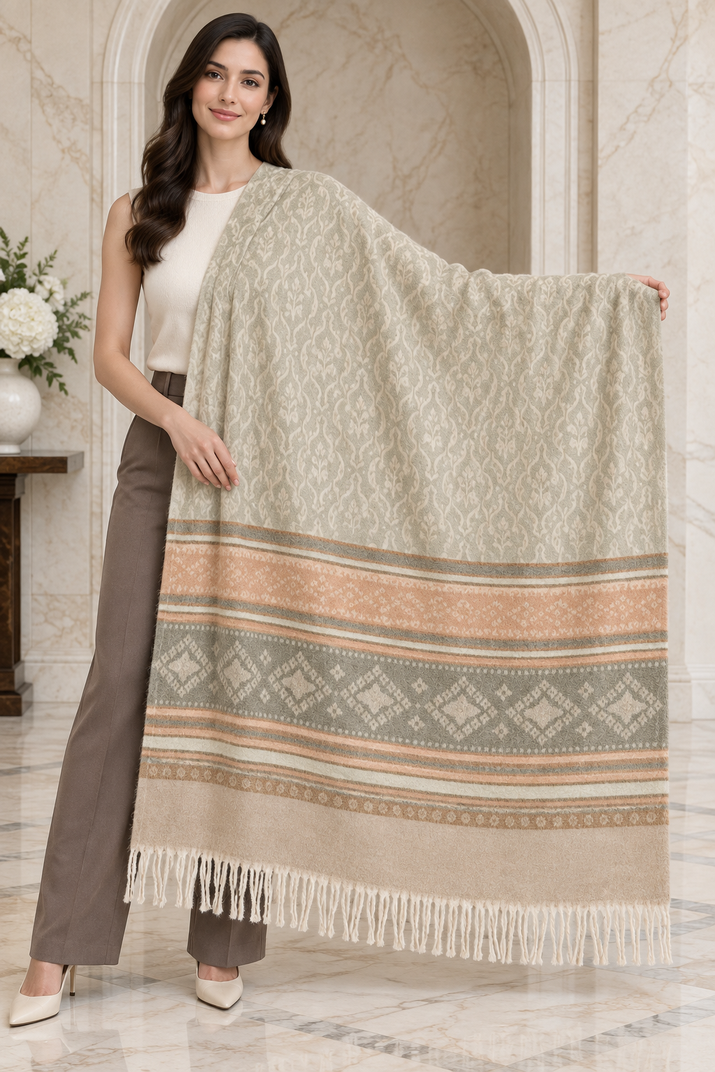 Elegant Woven Shawl with Floral Border and Fringe Finish For Women Soft Textured Feel, Lightweight Comfort , Easy Layering, Versatile Everyday Styling