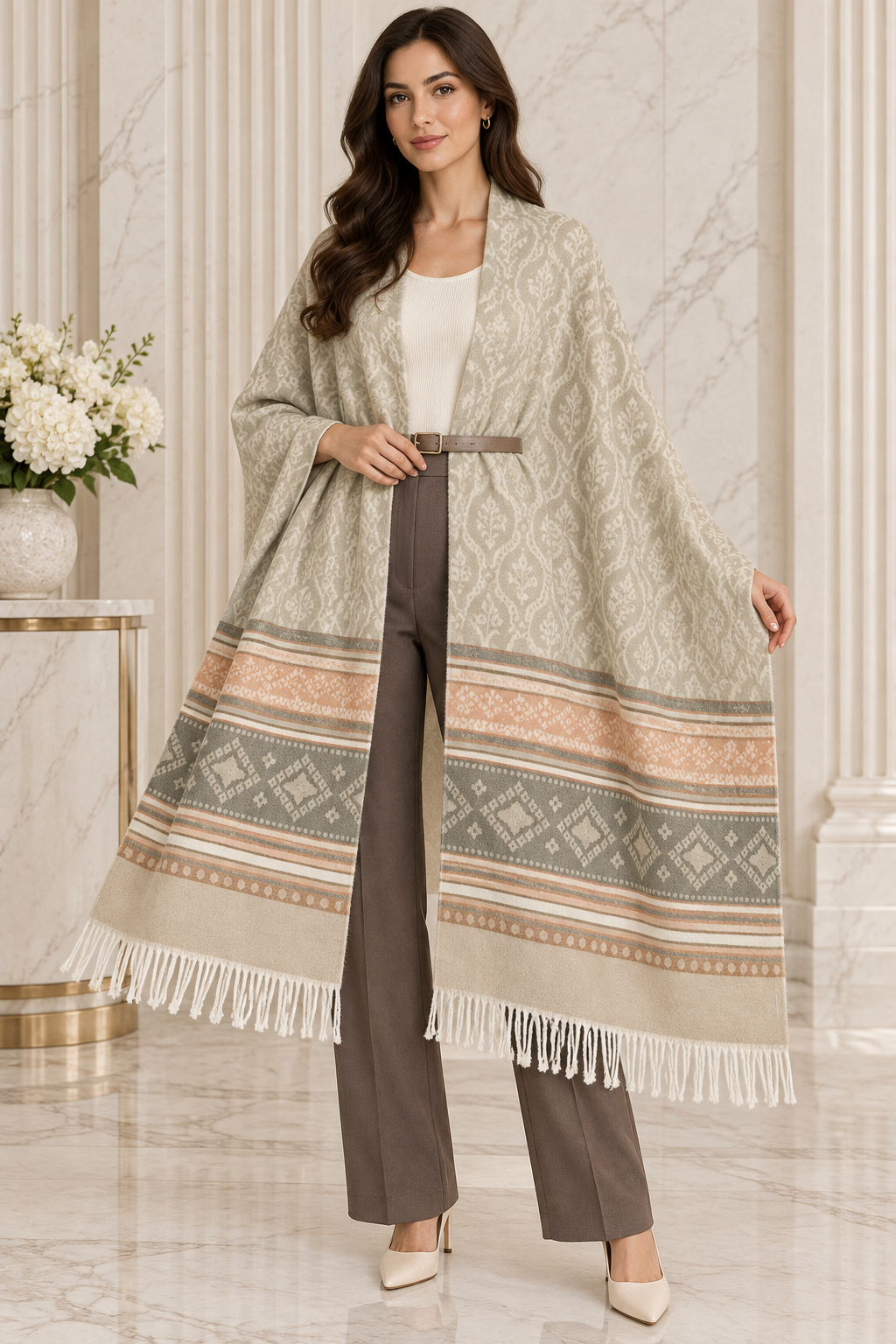 Elegant Woven Shawl with Floral Border and Fringe Finish For Women Soft Textured Feel, Lightweight Comfort , Easy Layering, Versatile Everyday Styling
