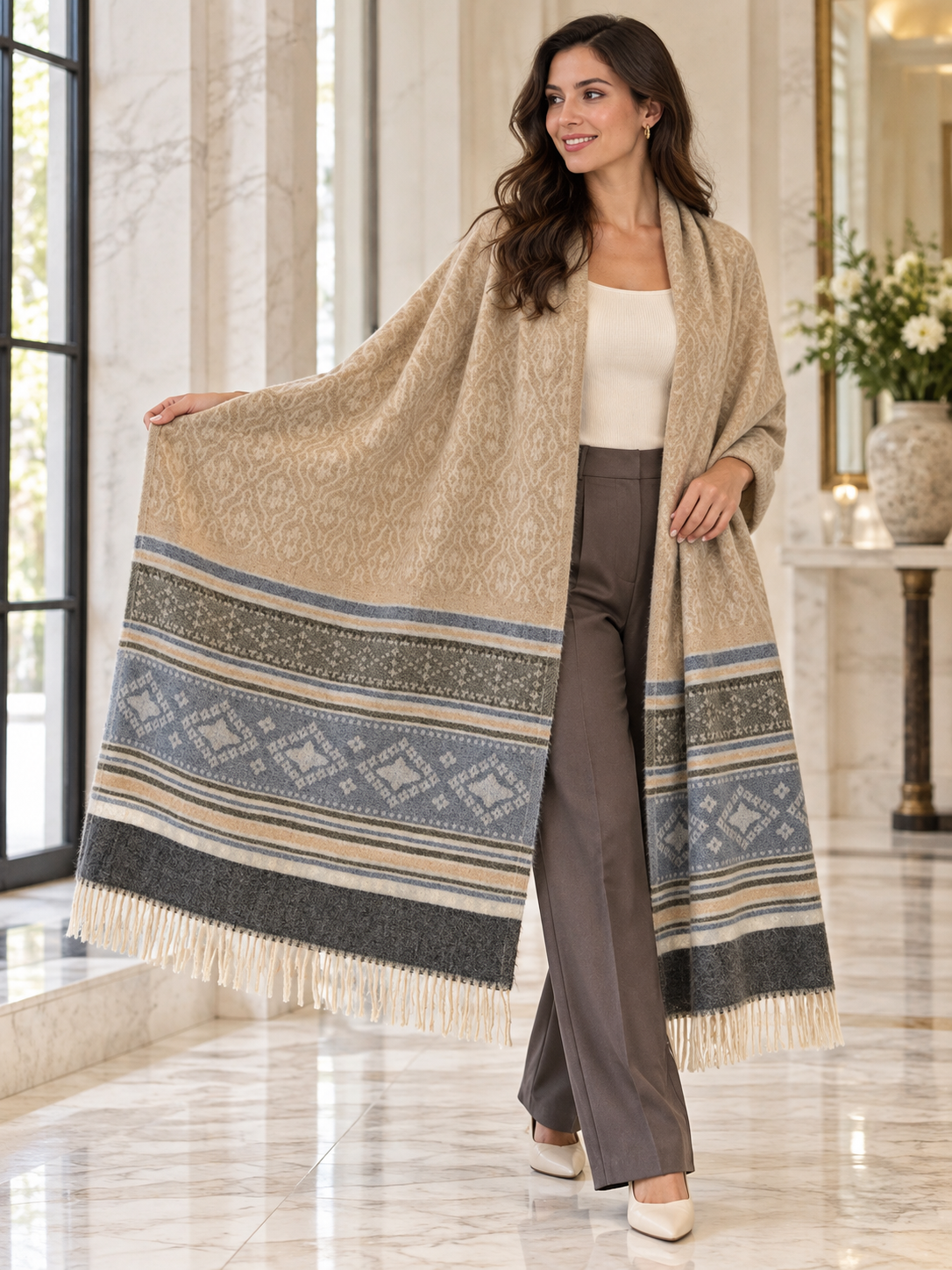 Elegant Woven Shawl with Floral Border and Fringe Finish For Women Soft Textured Feel, Lightweight Comfort , Easy Layering, Versatile Everyday Styling