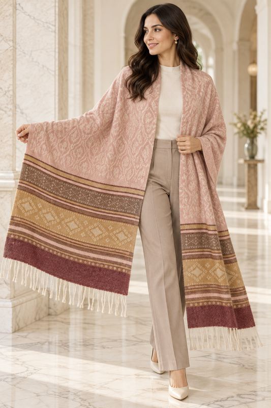 Elegant Woven Shawl with Floral Border and Fringe Finish For Women Soft Textured Feel, Lightweight Comfort , Easy Layering, Versatile Everyday Styling