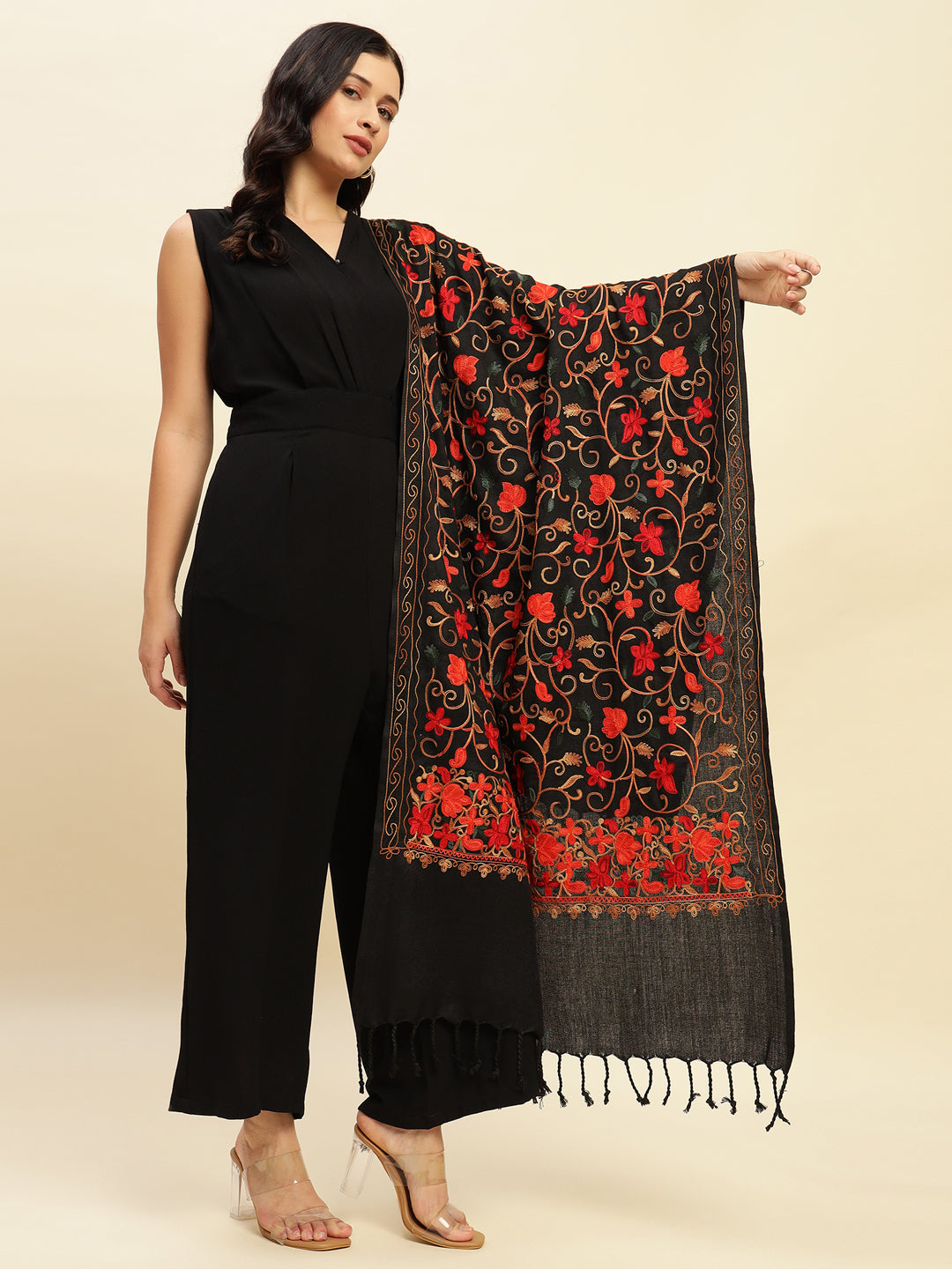 Weavers Villa Designer Acrylic Kashmiri Shawl Embroidery Stole, 70cm x 200cm