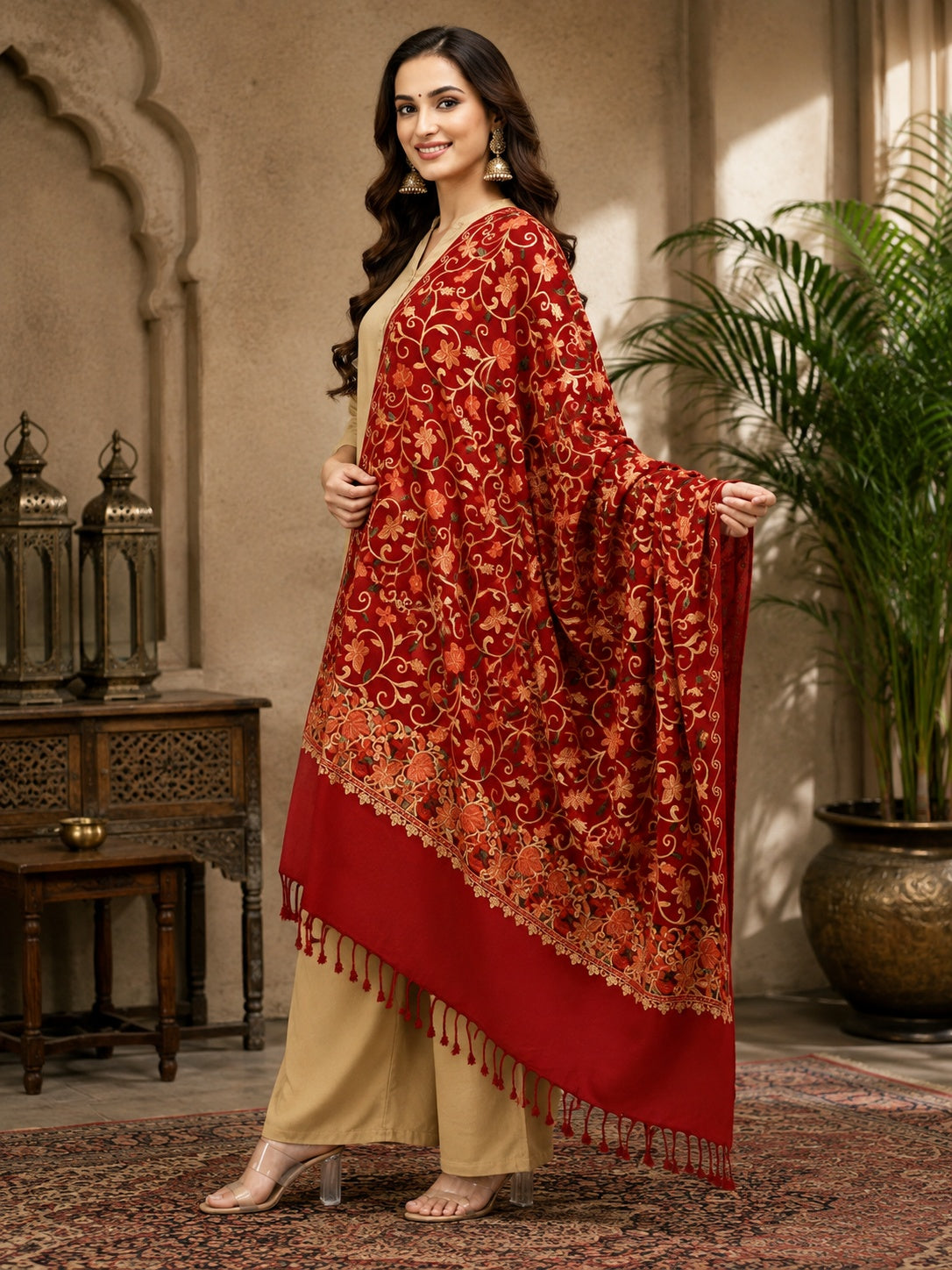 Weavers Villa Designer Acrylic Kashmiri Shawl Embroidery Stole, 70cm x 200cm