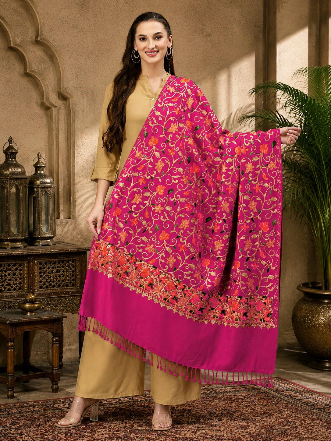 Weavers Villa Designer Acrylic Kashmiri Shawl Embroidery Stole, 70cm x 200cm