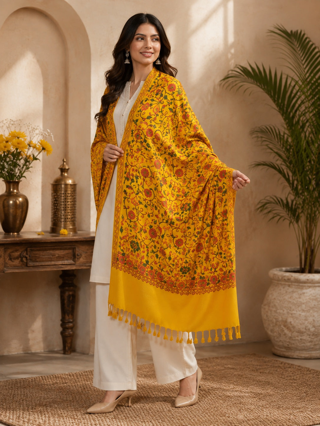 Weavers Villa Designer Acrylic Kashmiri Shawl Embroidery Stole, 70cm x 200cm