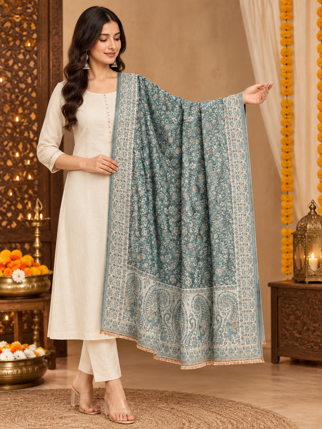 Weavers Villa Green Elegant Paisley Shawl | Soft & Stylish Wrap with Premium Gift Box Packaging