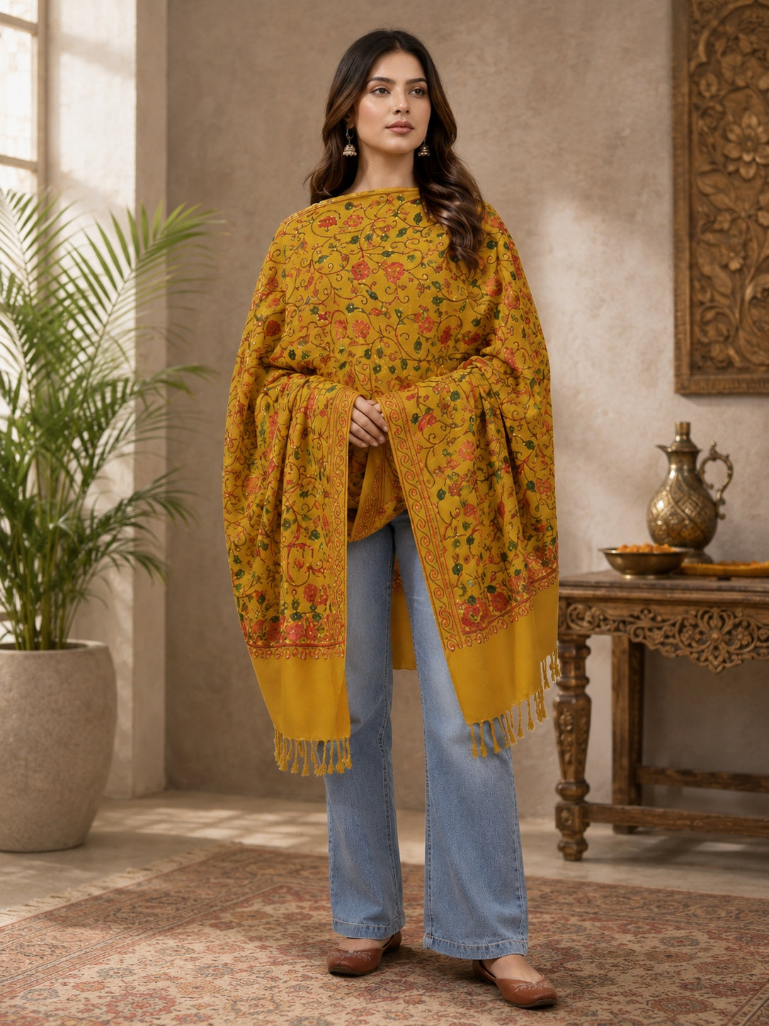 Weavers Villa Designer Acrylic Kashmiri Shawl Embroidery Stole, 70cm x 200cm