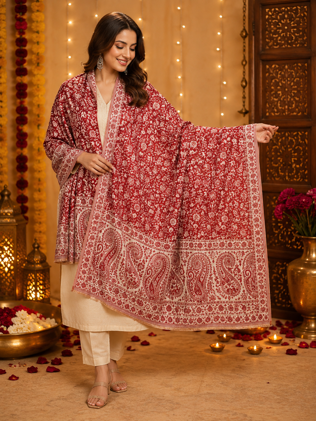 Weavers Villa Maroon Elegant Paisley Shawl | Soft & Stylish Wrap with Premium Gift Box Packaging