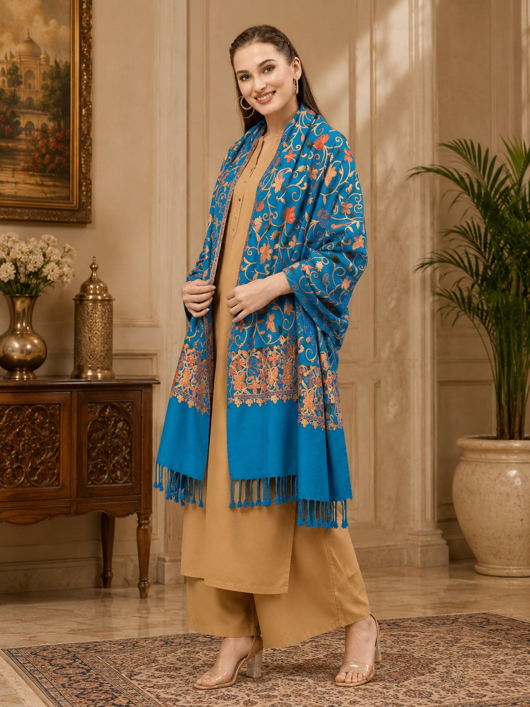 Weavers Villa Designer Acrylic Kashmiri Shawl Embroidery Stole, 70cm x 200cm