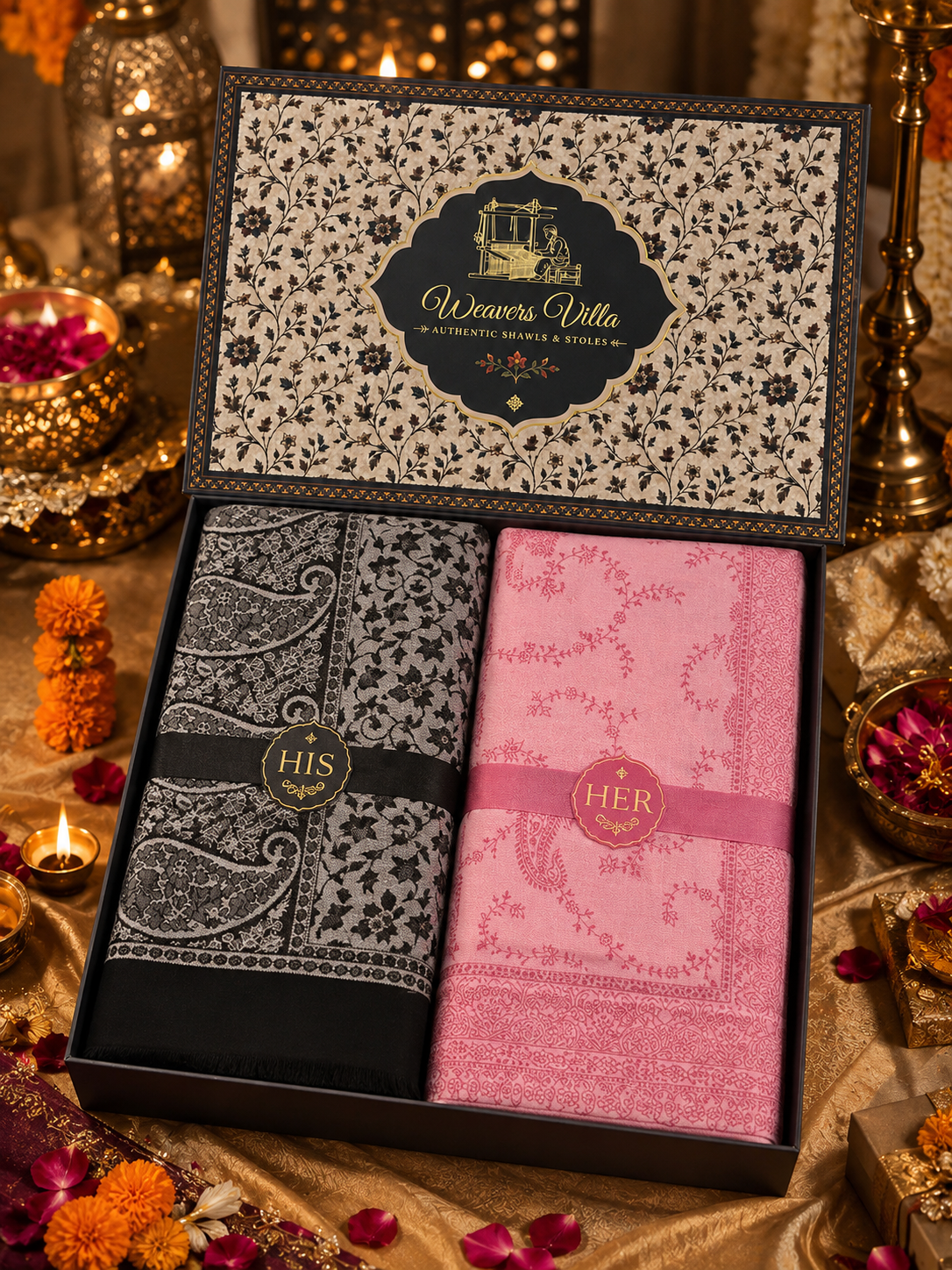 Weavers Villa His & Her Premium Stole Gift Box for Men & Women | Couple Stoles/Shawl/Wrap Set of 2 | Festive, Wedding, Anniversary & Special Occasion Gift