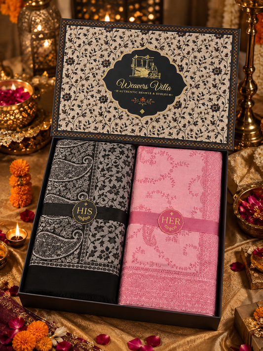 Weavers Villa His & Her Premium Stole Gift Box for Men & Women | Couple Stoles/Shawl/Wrap Set of 2 | Festive, Wedding, Anniversary & Special Occasion Gift