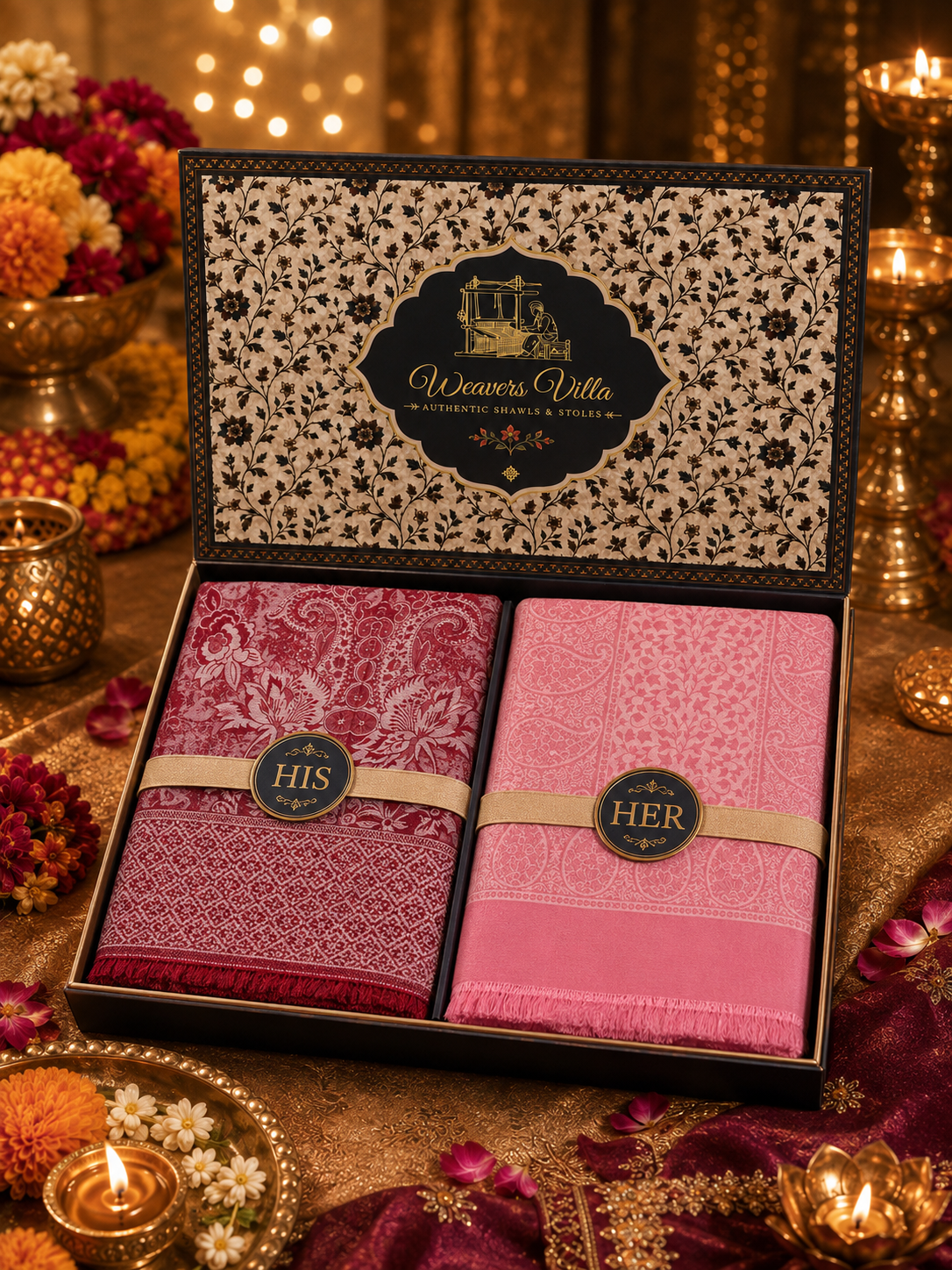 Weavers Villa His & Her Premium Stole Gift Box for Men & Women | Couple Stoles/Shawl/Wrap Set of 2 | Festive, Wedding, Anniversary & Special Occasion Gift