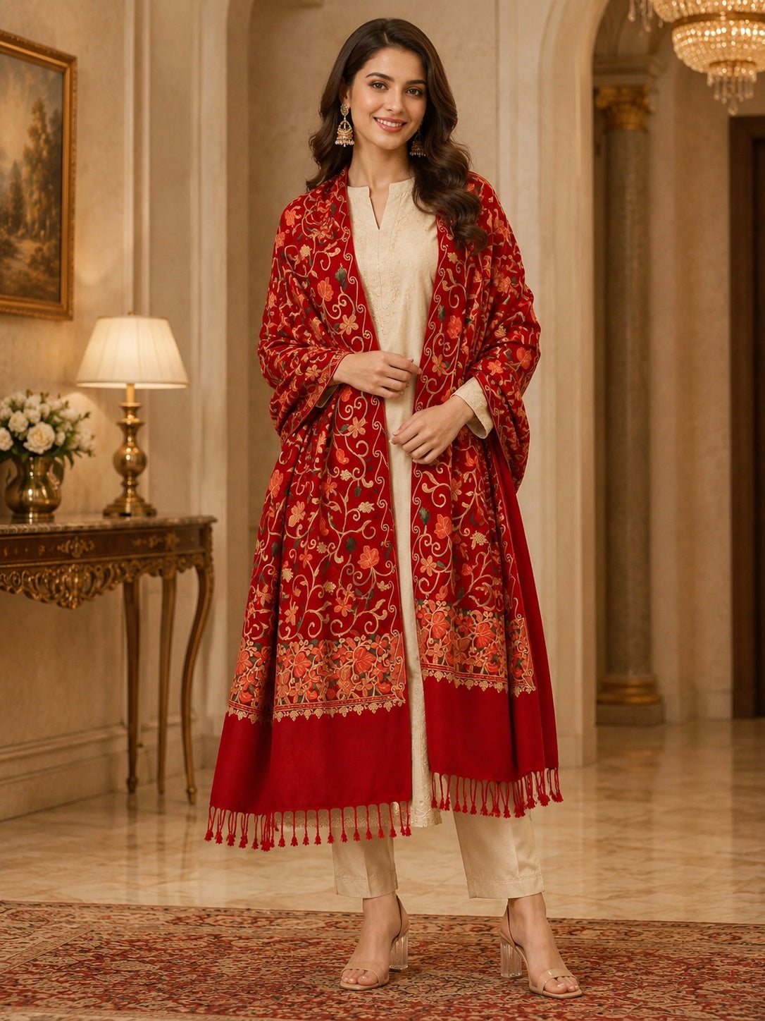 Weavers Villa Designer Acrylic Kashmiri Shawl Embroidery Stole, 70cm x 200cm