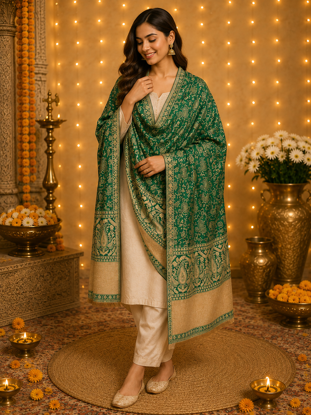 Weavers Villa Green Elegant Paisley Shawl | Soft & Stylish Wrap with Premium Gift Box Packaging
